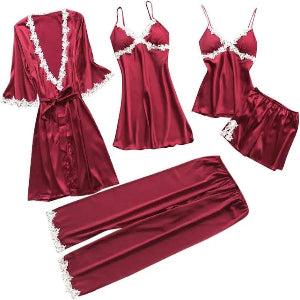 Luxury Satin Lace-Trimmed Sleepwear Set (5 Pieces)