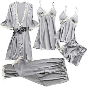 Luxury Satin Lace-Trimmed Sleepwear Set (5 Pieces)