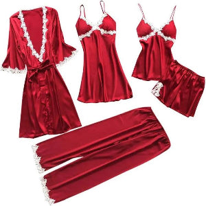 Luxury Satin Lace-Trimmed Sleepwear Set (5 Pieces)